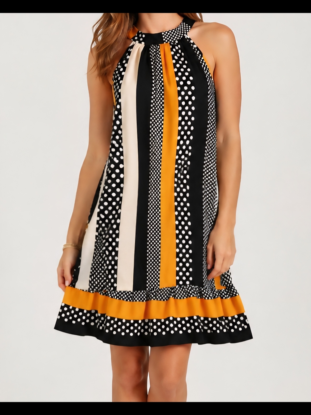 Women's Sleeveless Polka Dot & Stripe Halter Midi Dress Size L